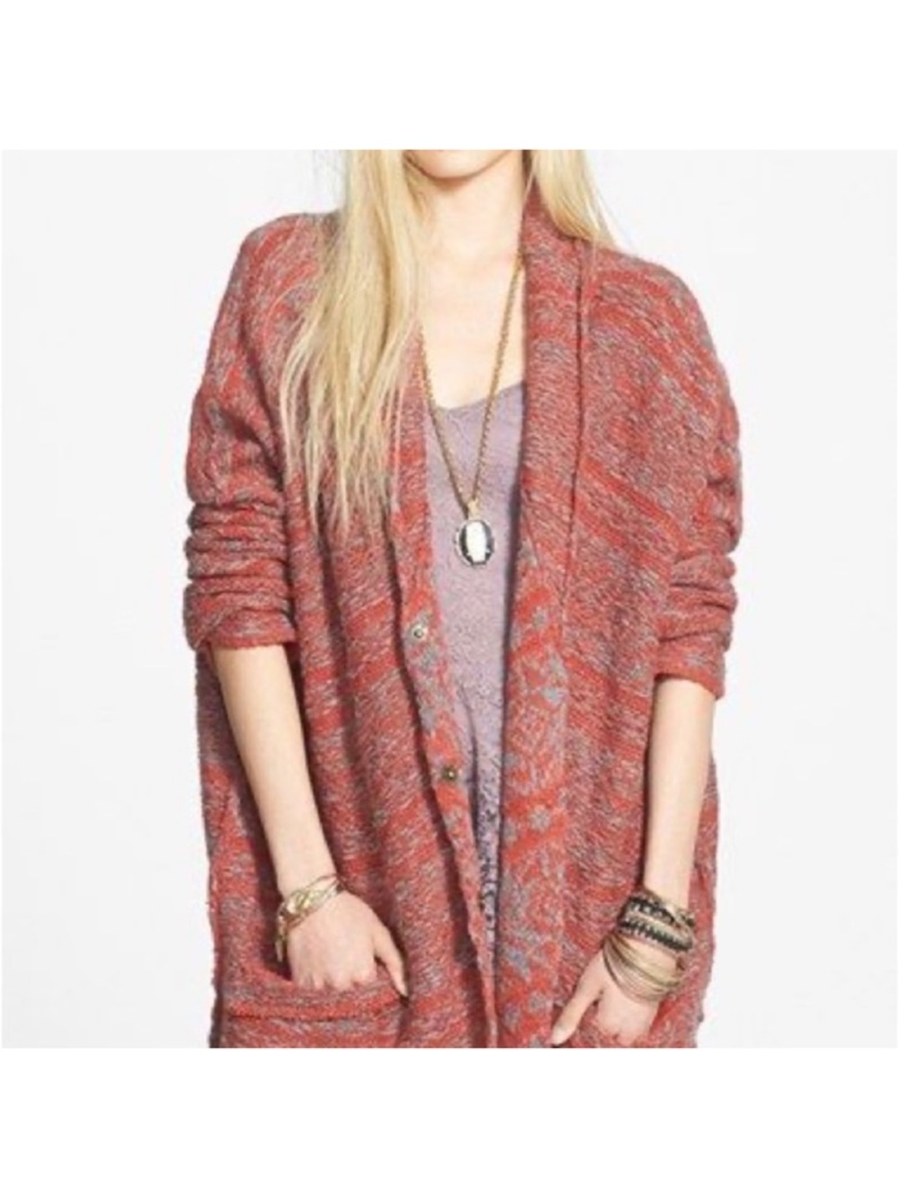 Free People Coral and Gray Patterned Knit Cardigan